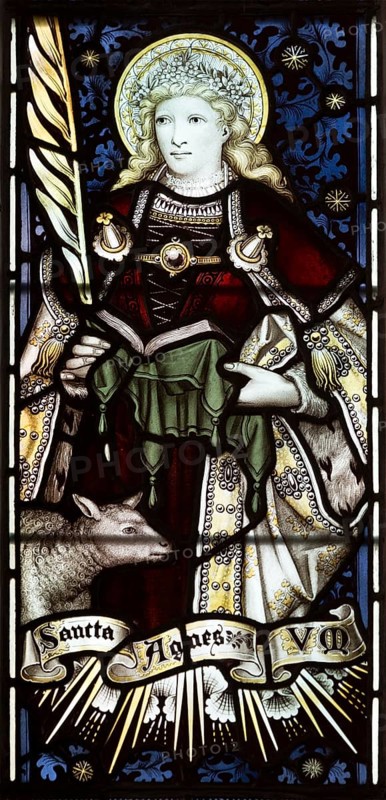 Mary Anne Garrett Memorial stained glass window female martyrs 1897, Church of Saint Margaret, Leiston, Suffolk, England, UK Saint Agnes by C.E. Kempe (1837-1907)