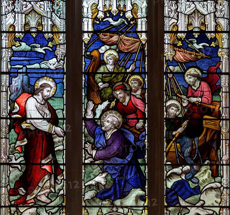 Stained glass window of Walking on Waters c 1901 J. Hardman, Aldeburgh church, Suffolk, England, UK