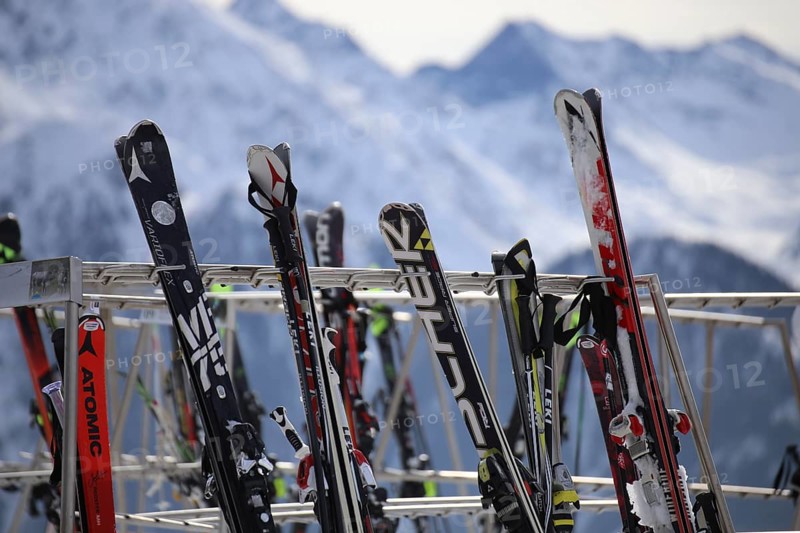 Full ski rack in the ski area of Serfaus, Fiss, Ladis (Tyrol)