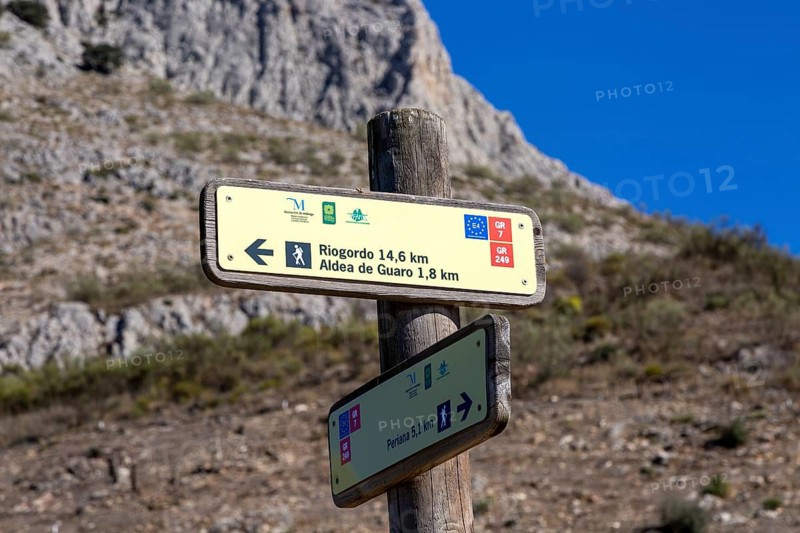 Signpost waymark for long distance footpath GR-249, Gran Senda de Malaga, Periana, Axarquia, Andalusia, Spain, Europe