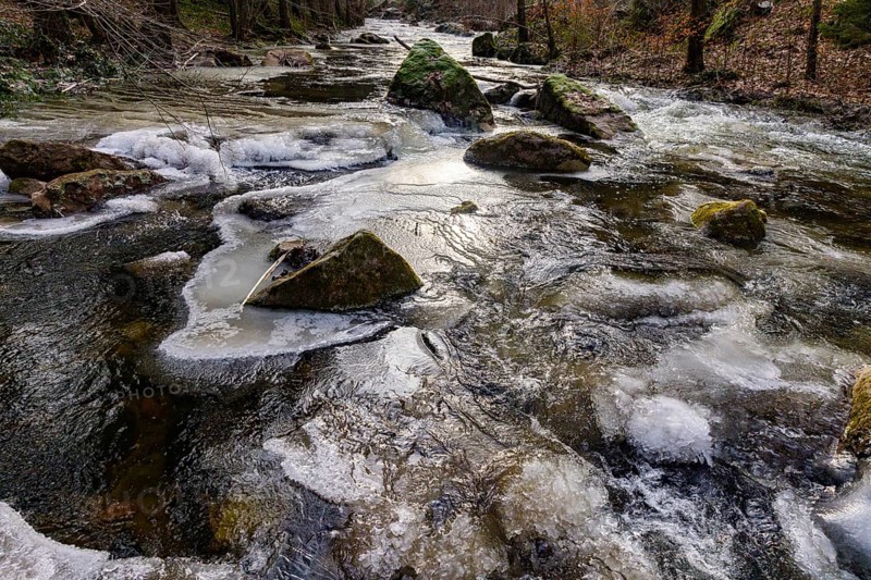 Severe frost has formed bizarre ice formations in the riverbed of the Gottleuba, Bergieshuebel, Saxony, Germany, Europe
