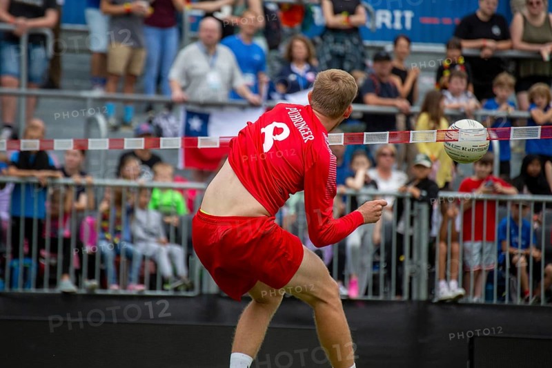 Fistball World Championship from 22.07. to 29.07.2023 in Mannheim: At the end of the preliminary round, co-favourite Austria won 3:0 sets against Chile. Here in the picture: Martin Puehringer