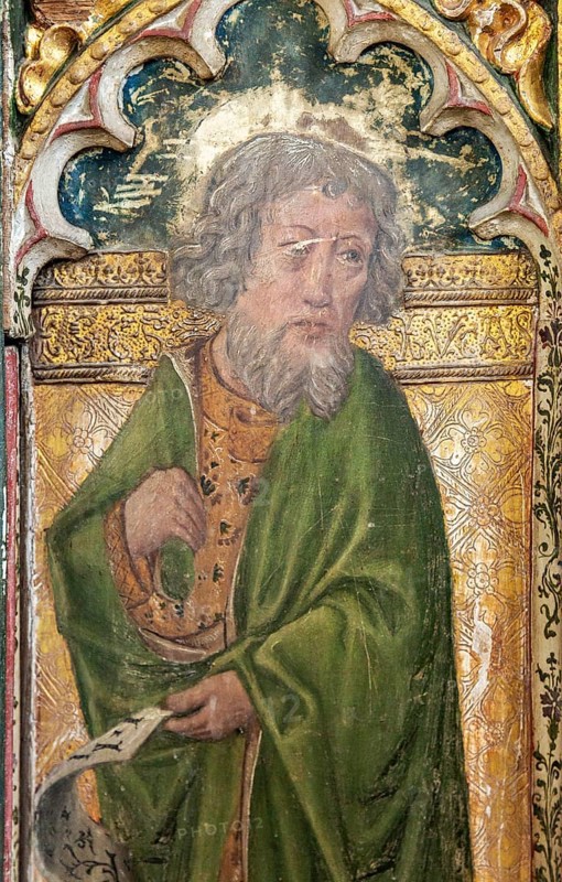 Medieval paintings of saints on rood screen inside church of Saint Andrew, Bramfield, Suffolk, England, UK, Saint Luke