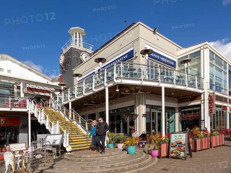 Leisure buildings and restaurants Cardiff Bay redevelopment at Mermaid Quay, Cardiff, South Wales, UK