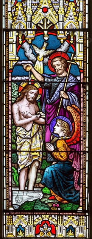 Stained glass window in church of Saint John the Baptist, Badingham, Suffolk, England, UK circa 1873 by Cox and Son, baptising Jesus Christ