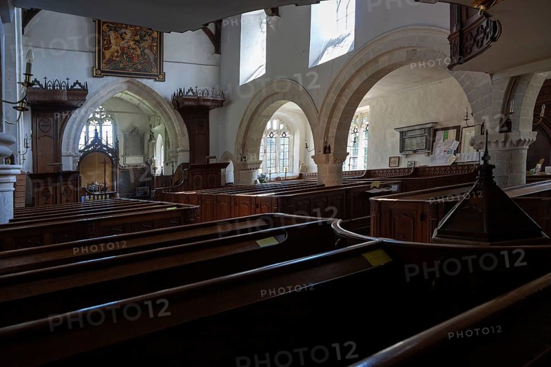 Historic interior of Saint John the Baptist church, Mildenhall, Wiltshire, England, UK
