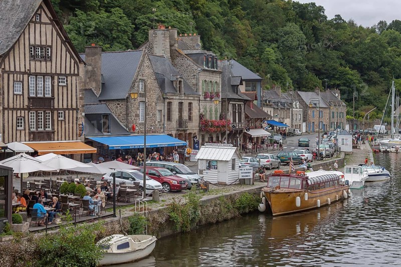 The harbour and medieval buildings on the River Rance, Dinan, Brittany, France, Europe