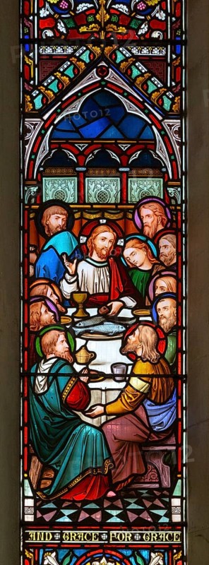 Stained glass window Waldringfield church, Suffolk, England, UK Jesus Christ and Last Supper c 1864 by Lavers and Barraud