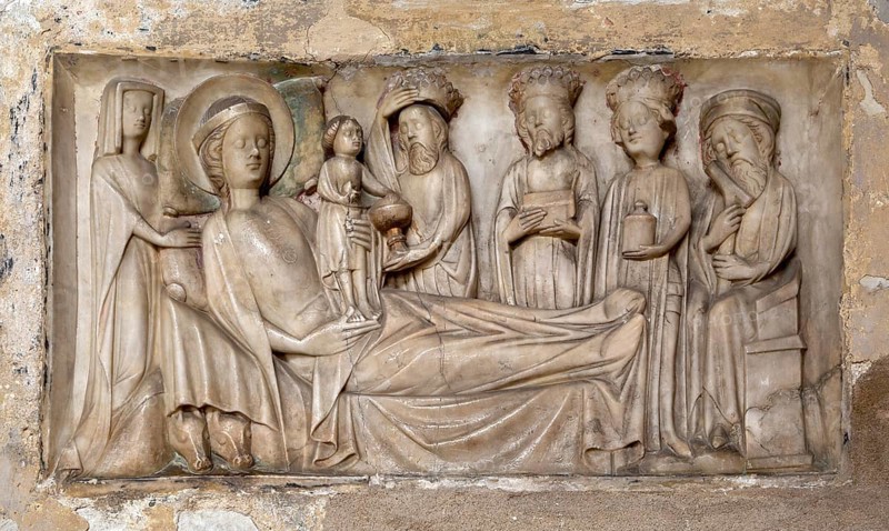 Relief carving of the Adoration of the Magi, dated to 1350, Holy Trinity Church, Long Melford, Suffolk, England, UK