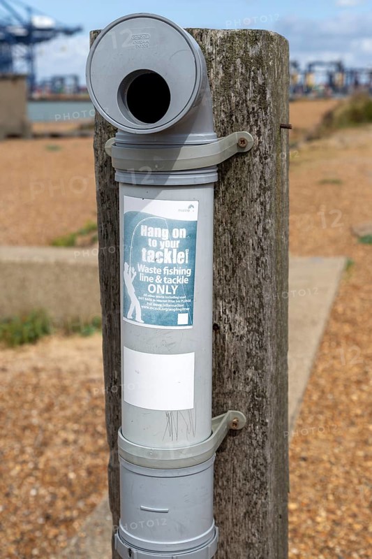 Disposal bin for waste fishing tackle and line, Landguard Point, Felixstowe, Suffolk, England, UK
