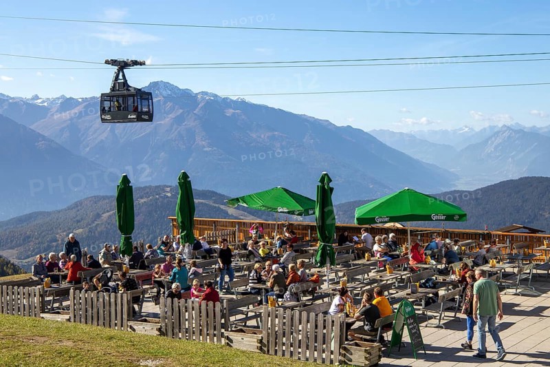 Rosshuette mountain station in Seefeld/Tyrol. Many tourists and locals take advantage of the sunny autumn day for an excursion (19 October 2022)