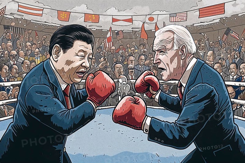 Caricatured political leaders, Xi Jinping and Joe Biden, face each other in the boxing ring, surrounded by spectators and flags, symbolising the cultural, ideological and economic struggle between China and the USA, AI generated, AI generated