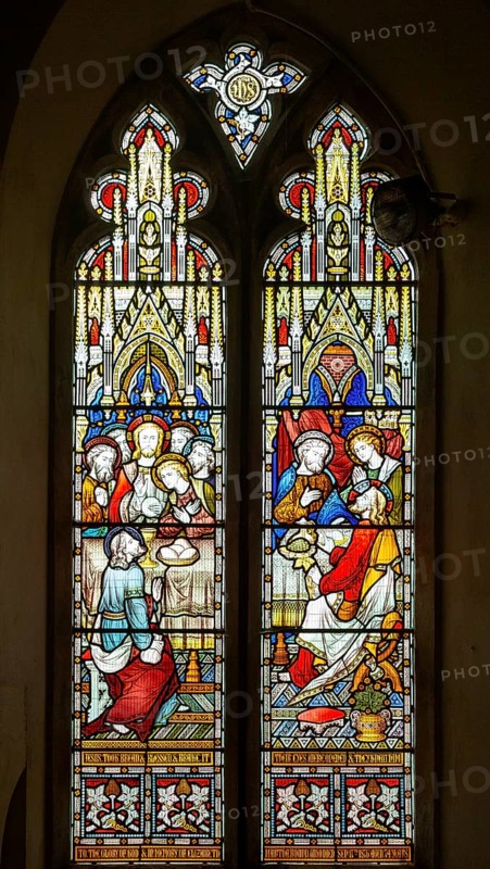 Stained glass window c1876, 'Breaking bread' 'their eyes were opened', Great Bealings church, Suffolk, England, UK by J Hardman