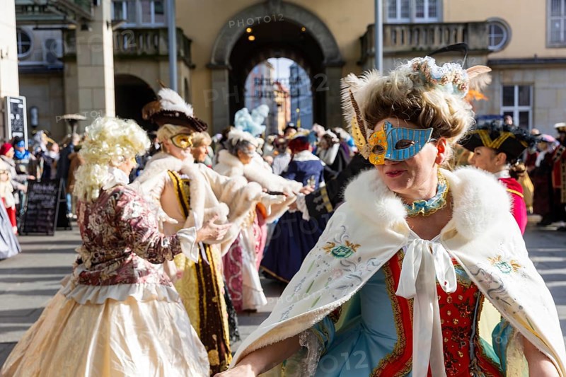 LUST & PASSION & JOY OF LIFE, for the joy of the masquerade, the Elbvenezian Carnival took place in Dresden on the weekend in front of Rose Monday. The highlight was the joint stroll through the historic centre with masks in robes in the style of the Elbe Venetian Carnival from the Neumarkt through the Altmarktgalerie, the Schlossstrasse, through the Stallhof, along the Fuerstenzug, onto the Bruehlsche Terrasse and into the Bruehlsche Garten, Dresden, Saxony, Germany, Europe