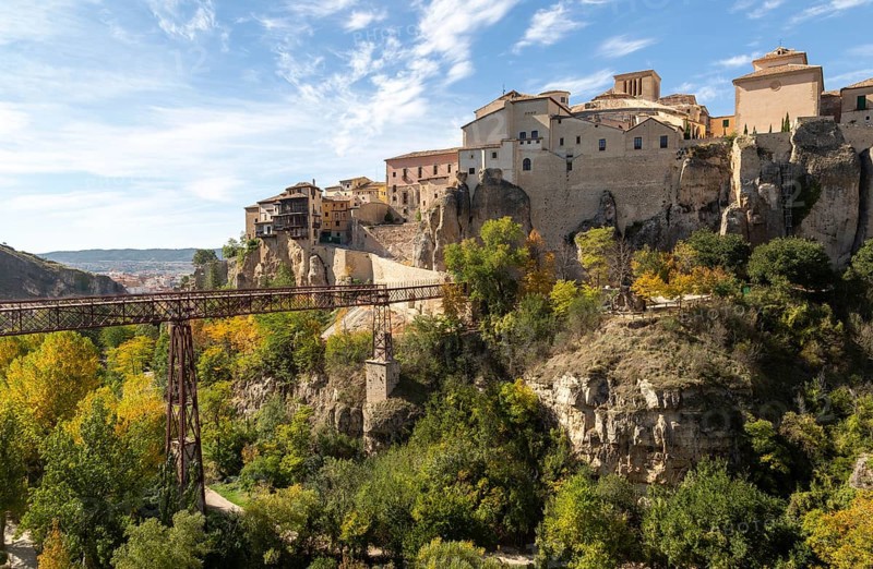 Puente de San Pablo bridge over Huecar river, Cuenca, Castille La Mancha, Spain historic houses on cliff top