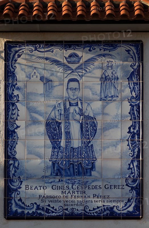 Ceramic tile memorial to Beato Gines Cespedes Gerez (1901-1936) martyr of Civil War, Fernan Perez, Almeria, Spain, Europe