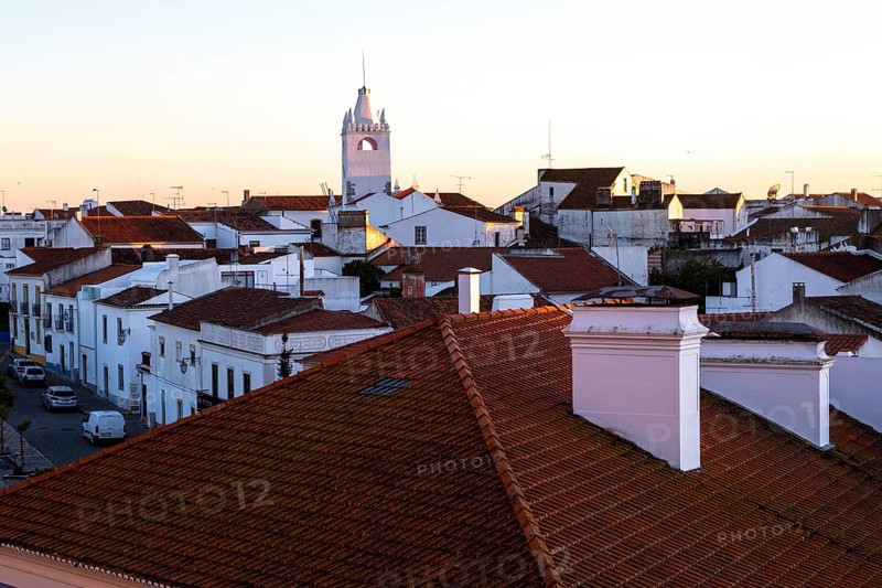 View over rooftops of buildings in village of Alvito, Beja District, Baixo Alentejo, Portugal, Southern Europe, Europe