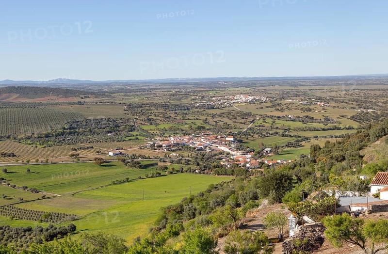 View over landscape from village of Monsaraz, Alto Alentejo, Portugal, southern Europe view north over countryside fields, villages and farms of Montado farming with oak trees, Europe