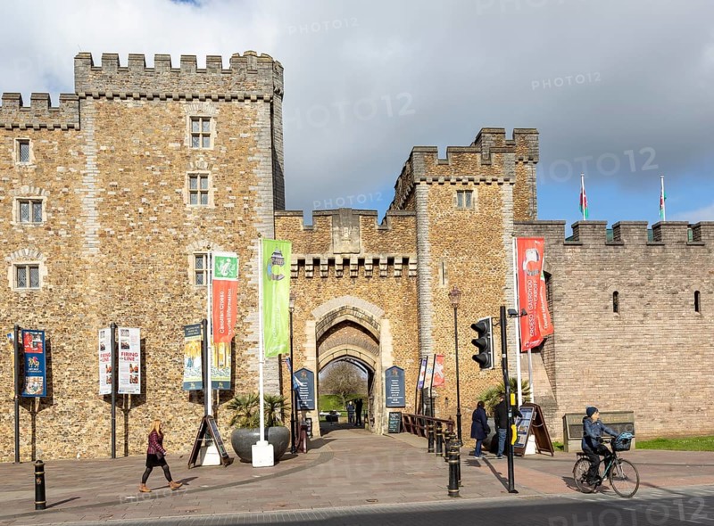 Walls and entrance doorway gateway into Cardiff Castle, Cardiff, South Wales, UK