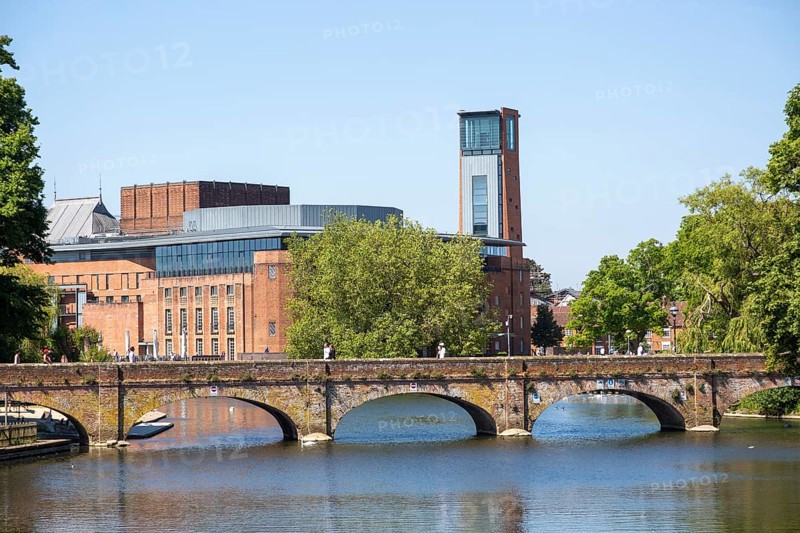 Royal Shakespeare Company theatre from the River Avon, Stratford-upon-Avon, Warwickshire, England, UK
