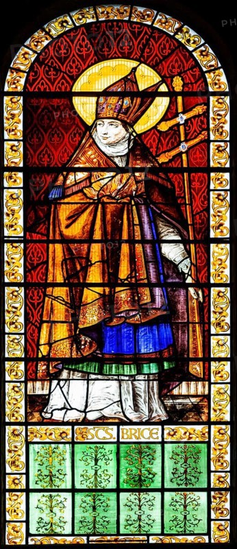 Stained glass window 16th century of Saint Brice, Norwich Cathedral, Norfolk, England, UK