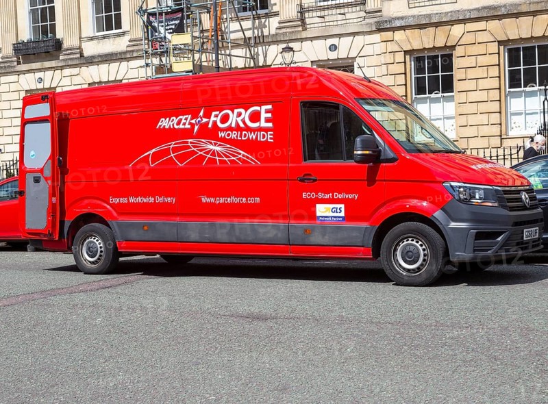 Red Parcel Force Worldwide delivery van, Great Pulteney Street, Bath, Somerset, England, UK