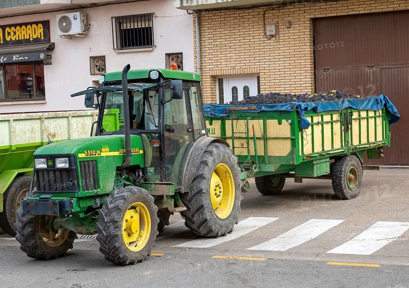 John Deere tractor with trailer of freshly harvested grapes, San Asensio, La Rioja Alta, Spain, October 2021, Europe