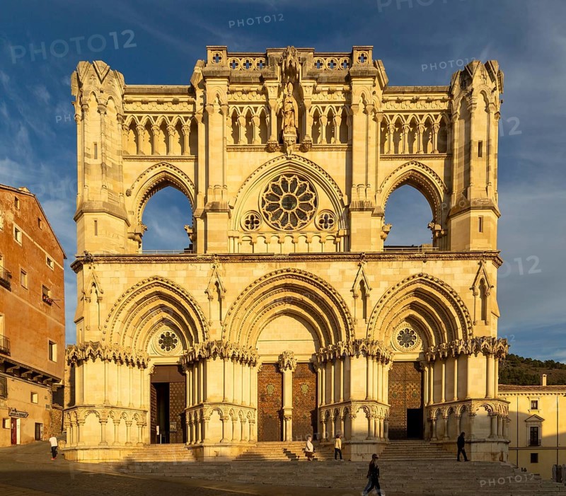 Frontage of cathedral church building, Cuenca, Castille La Mancha, Spain, Gothic architecture, Europe
