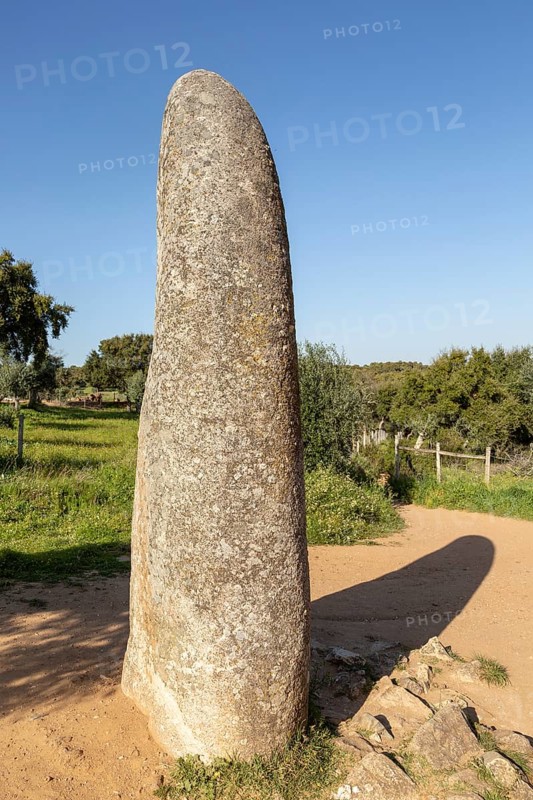 Neolithic standing stone 4 metres high called the Menir dos Almendres, near Evora, Alentejo, Portugal, Southern Europe, Europe