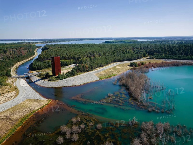 The 30 metre high landmark of the Lusatian Lakeland, the so-called Rusty Nail, was built at the mouth of Lake Sedlitz. It is a lookout tower made of 111 tonnes of Corten steel, with the base of a right-angled triangle with cathetus lengths of approximately twelve and eight metres. 162 steps lead to the viewing platform on the tower, Senftenberg, Brandenburg, Germany, Europe