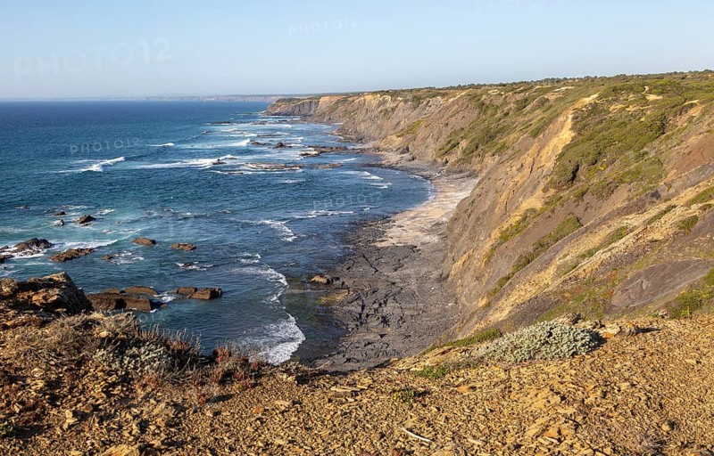 Rocky rugged coastal landscape on the Rota Vicentina Fisherman's Trail long distance footpath route, near Bunheira, Aljezur, Algarve, Portugal, Southern Europe, Europe