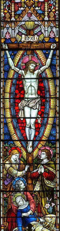 Victorian stained glass east window, Tidworth south church, Wiltshire, England, UK Heaton, Butler and Bayne 1880 detail Crucifixion