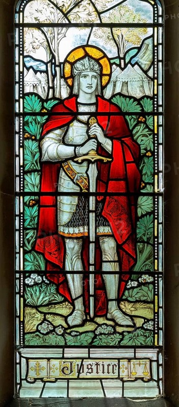 Church of All Saints, Great Glemham, Suffolk, England, UK stained glass window Justice by Powell & Son c 1917