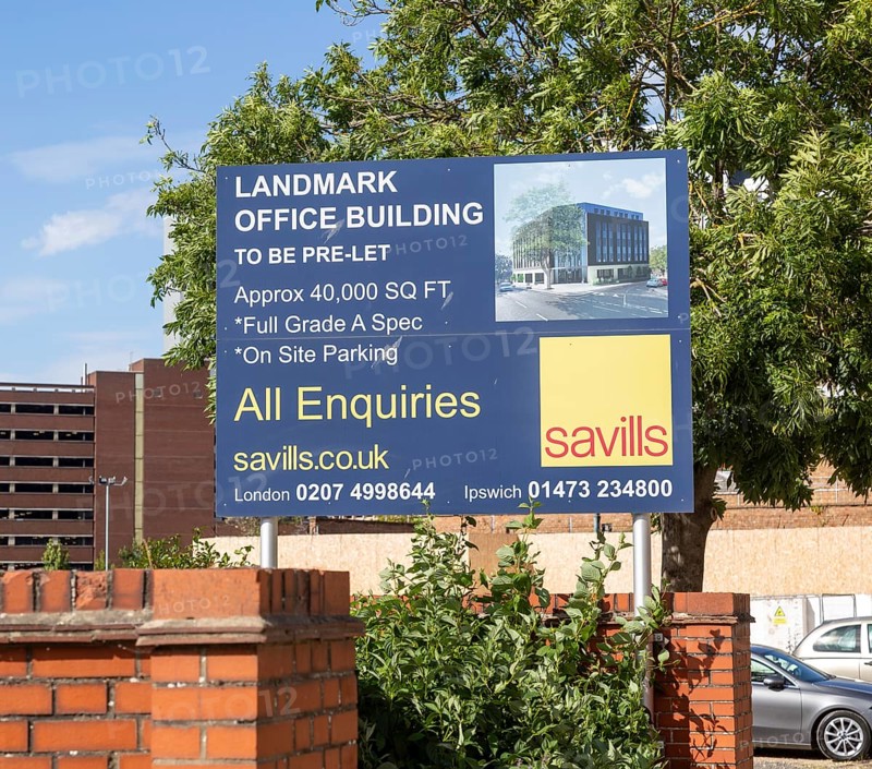 Savills estate agent advertising sign commercial property office building, Ipswich, Suffolk, England, UK