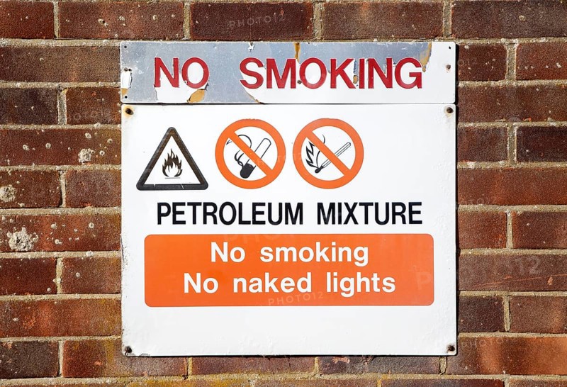 No Smoking sign Petroleum mixture no smoking or naked lights, UK