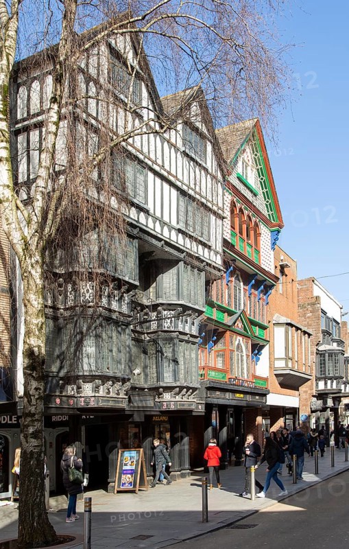 Historic Tudor buildings in High Street, Exeter city centre, Devon, England, UK