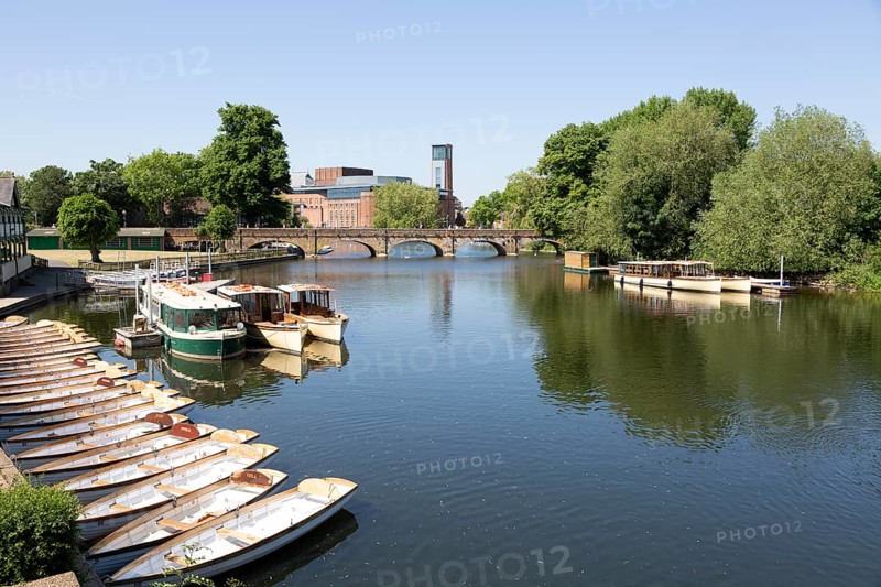 Royal Shakespeare Company theatre from the River Avon, Stratford-upon-Avon, Warwickshire, England, UK