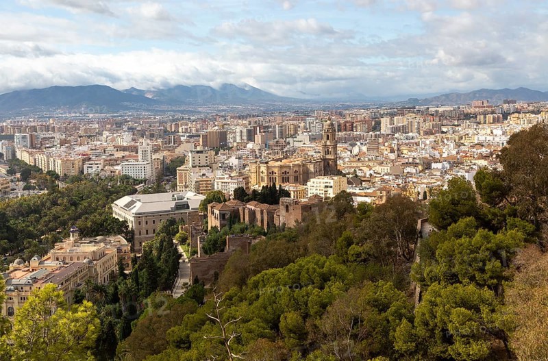 Cityscape view over city centre high density buildings, Malaga, Andalusia, Spain, cathedral church in centre, Europe