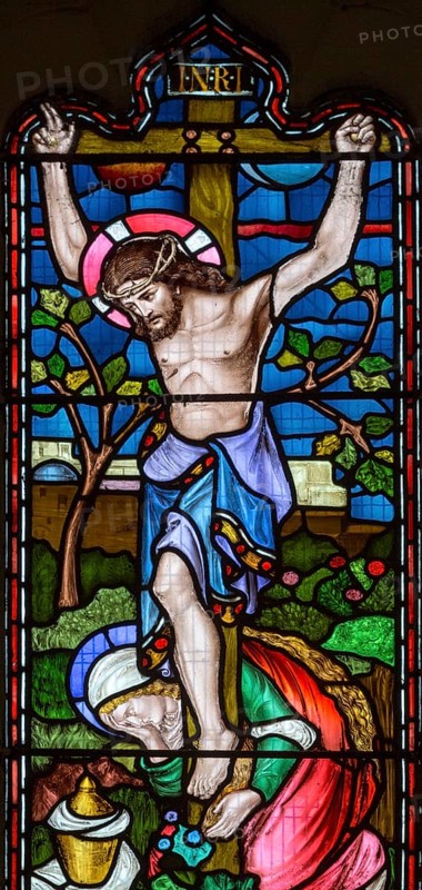 Nineteenth century stained glass window Lavers, Barraud and Westlake 1865 Crucifixion Jesus Christ on the Cross, Easton Royal, Wiltshire, England, UK