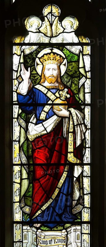 Jesus Christ, King of Kings, depicted in stained glass window by Burlisson and Grylls 1906, All Saints church, Stanton St Bernard, Wiltshire