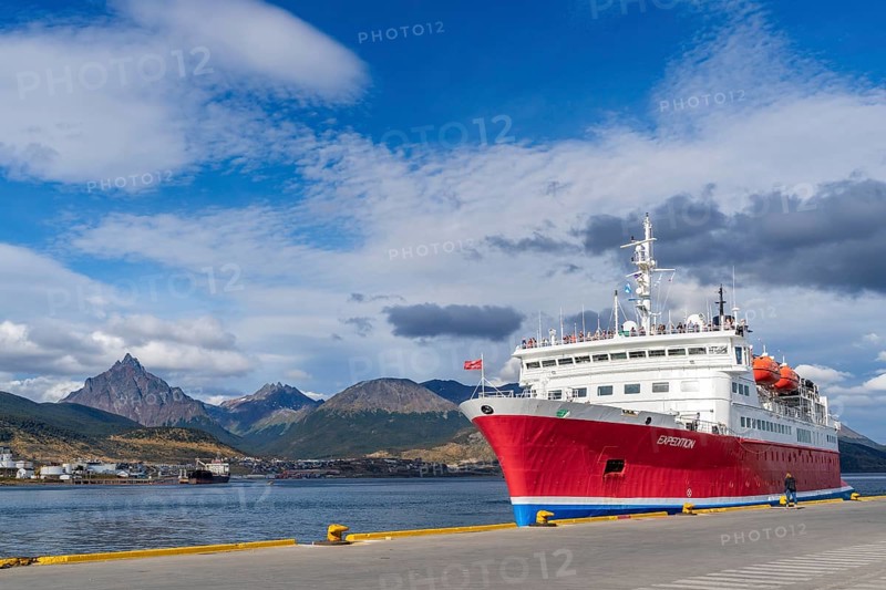 Cruise ship named Expedition in the harbour at the Beagle Channel, Ushuaia, Tierra del Fuego Island, Patagonia, Argentina, South America