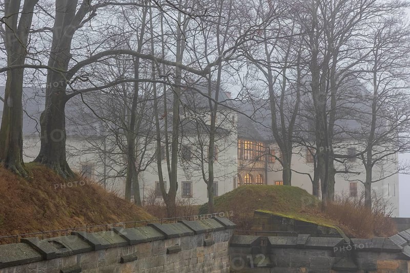 Winter atmosphere at the mountain fortress. Georgenburg Castle, Koenigstein, Saxony, Germany, Europe