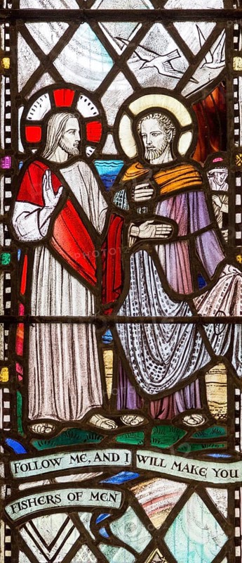 Church of Saint Andrew, Little Glemham, Suffolk, England, UK stained glass window detail of Christ and Saint Peter 1929 by Margaret Edith Aldrich Rope (1891-1988)