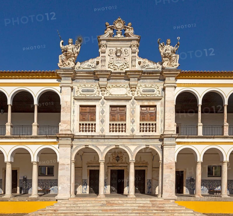 Facade of old chapel Colegio do Espirito Santo, historic courtyard of Evora University, Evora, Alto Alentejo, Portugal, Southern Europe, Europe