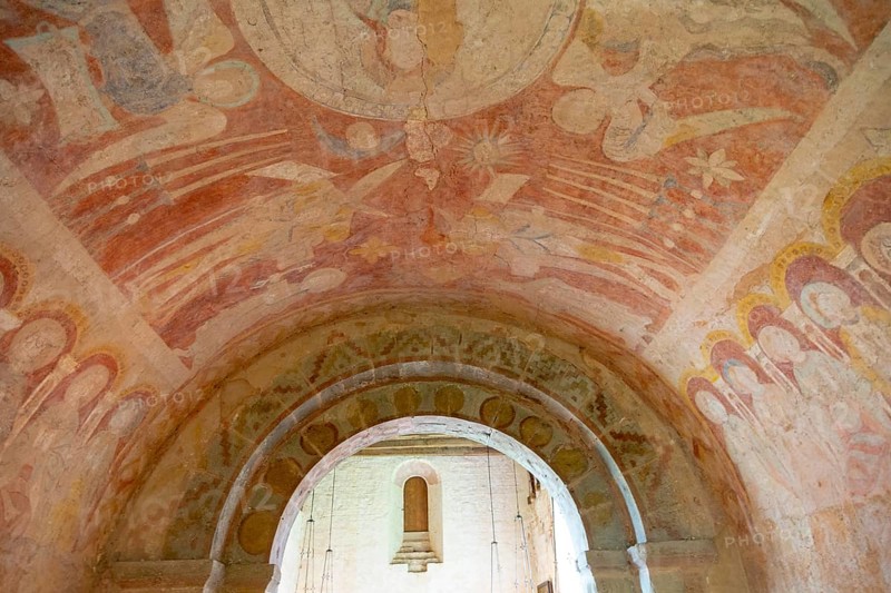 Medieval frescoes church of Saint Mary, Kempley, Gloucestershire, England, UK, Christ in Majesty chancel ceiling c1120