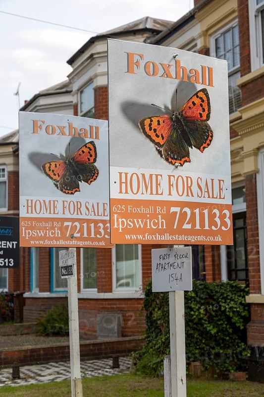 Estate agent signs for apartment flats for sale, Spring Road, Ipswich, Suffolk, England, UK