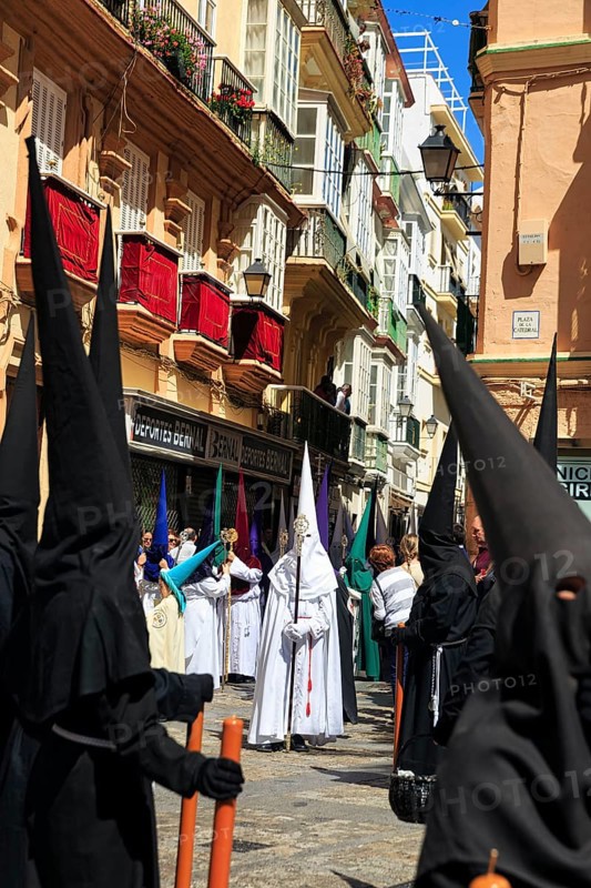 Semana Santa, procession with Nazarenos and tourists, celebrations in Cadiz, Spain, Europe