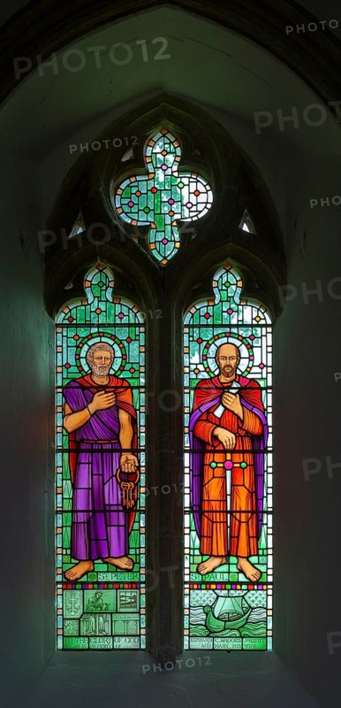 Stained glass window of Saint Peter and Saint Paul, Thorpe Morieux church, Suffolk, England, UK by Meg Lawrence, 2002