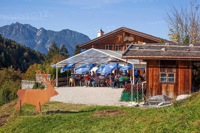Graseck Alm with Berggasthof Kaiserschmarrn Alm, Garmisch-Partenkirchen, Werdenfelser Land, Upper Bavaria, Bavaria, Germany, Europe