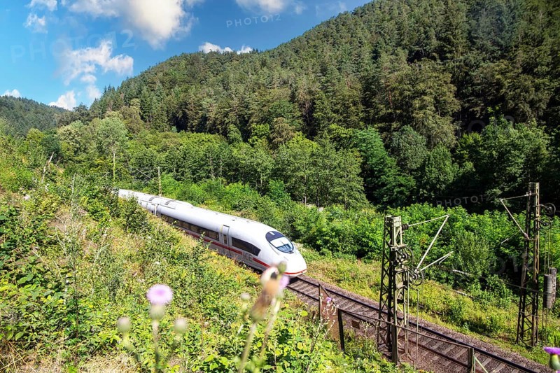 ICE (Intercity Express) in the Palatinate Forest. The train is on its way from Frankfurt to Paris. With intermediate stops in Mannheim, Kaiserslautern and Saarbruecken, it takes six hours to reach the French capital